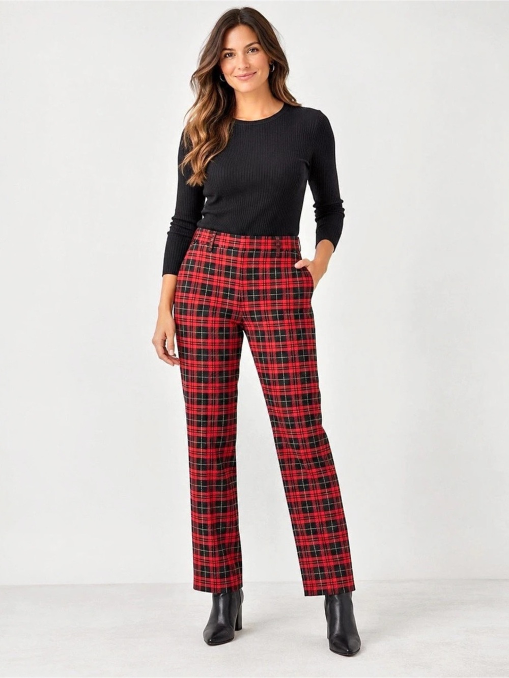 Ann Taylor The Sophia Plaid Straight Leg Pants Women’s Size 12 Red Black